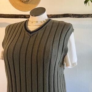 Vintage 90s Green Ribbed Cotton Blue Striped V Neck Sweater Vest Size XL